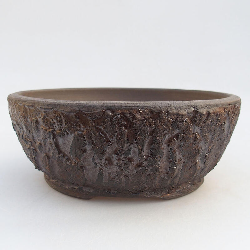 Ceramic bonsai bowl 19 x 19 x 7.5 cm, brown-cracked color