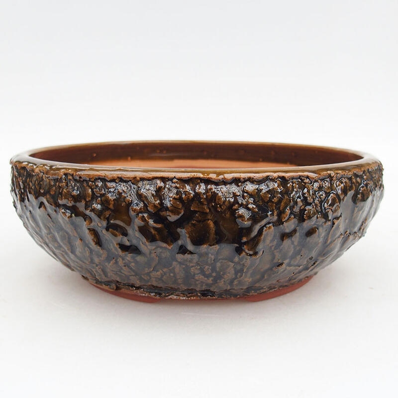 Ceramic bonsai bowl 22 x 22 x 7.5 cm, brown cracked color